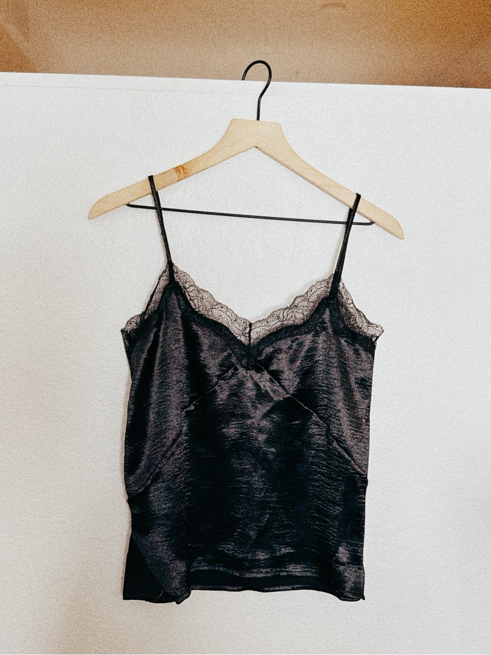 Oak + Fort Black Satin Lace Trim Cami Top US XS